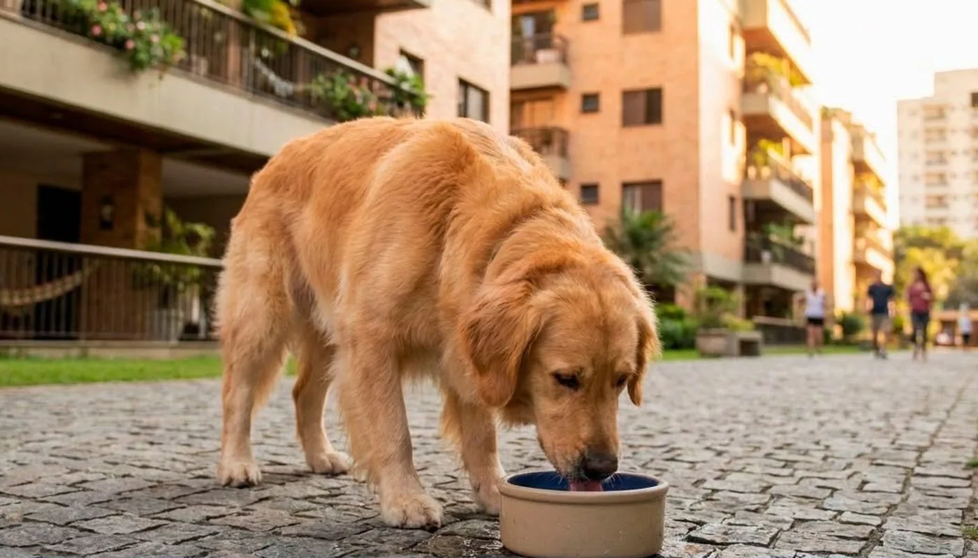 Cão bebendo água em bebedouro instalado em área comum de condomínio